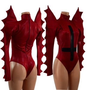 Coagulant Brazilian Cut Romper with Inverted Cross, Turtleneck and Back Zipper, Spiked Mega Sharp Shoulder Sleeves  15810149