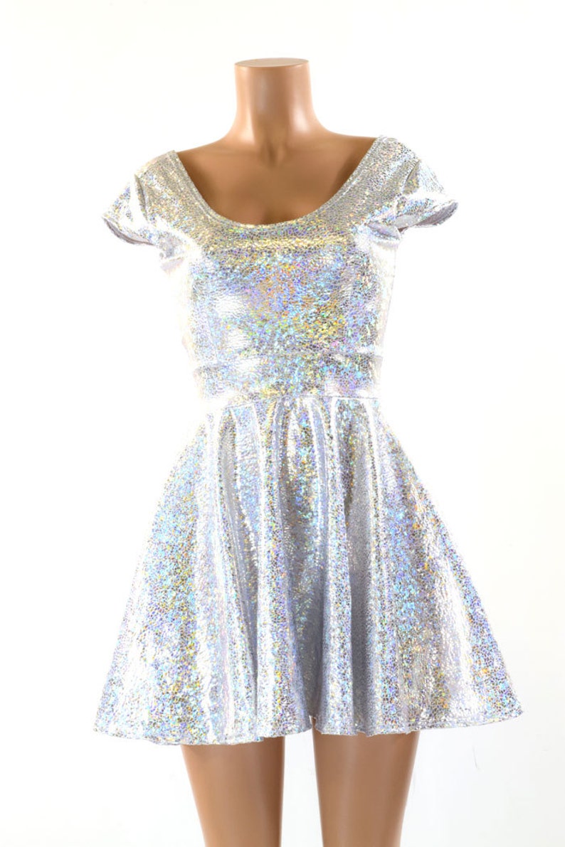 Fit and Flare Skater Dress with Scoop Neckline and Cap Sleeves in Silver on White Shattered Glass 151260 image 2