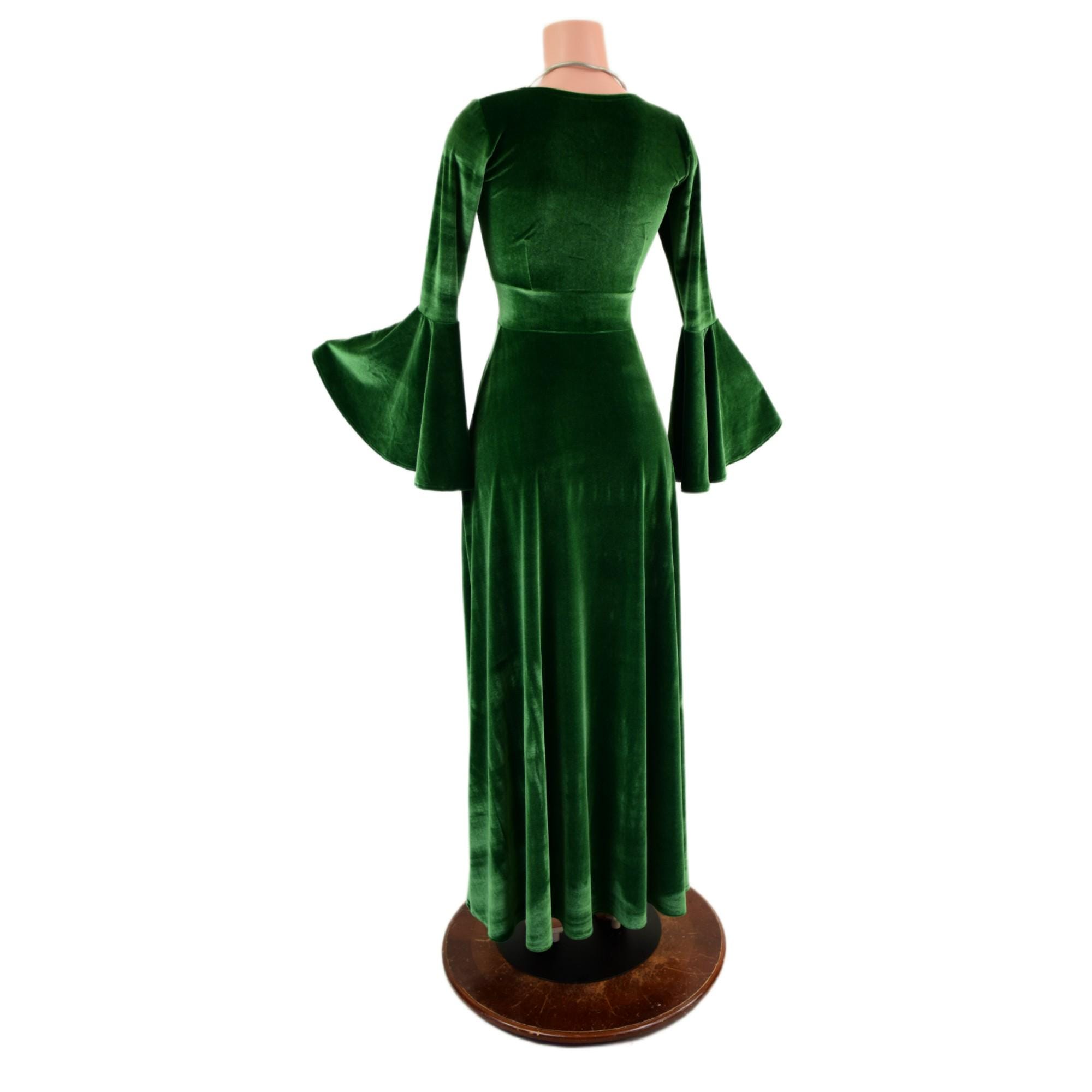 Green Stretch Velvet Renaissance Fiona Gown with Trumpet Sleeves and Scoop Neckline