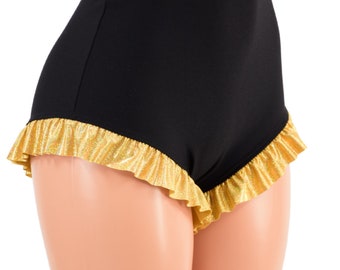 High Waist Siren Shorts with Ruffled Leg Created in Smooth Black Spandex with Gold Sparkly Jewel Ruffle   157757