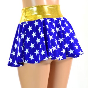 Blue & White Star Print Circle Cut Super Hero Mini Skirt with Gold Waist Band 150900 image 3