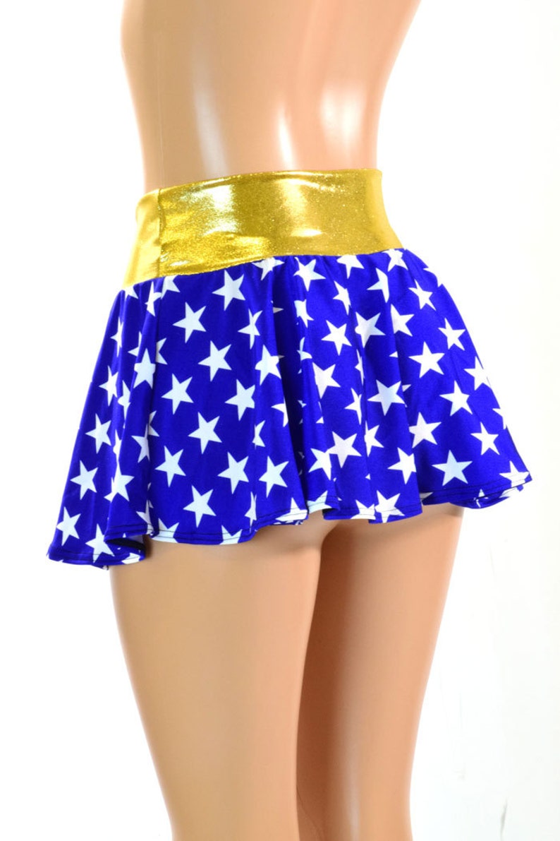 Blue & White Star Print Circle Cut Super Hero Mini Skirt with Gold Waist Band 150900 image 3