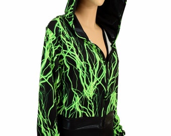 May include: Black and green hooded jacket with a lightning bolt pattern. The jacket has a zipper closure and long sleeves.