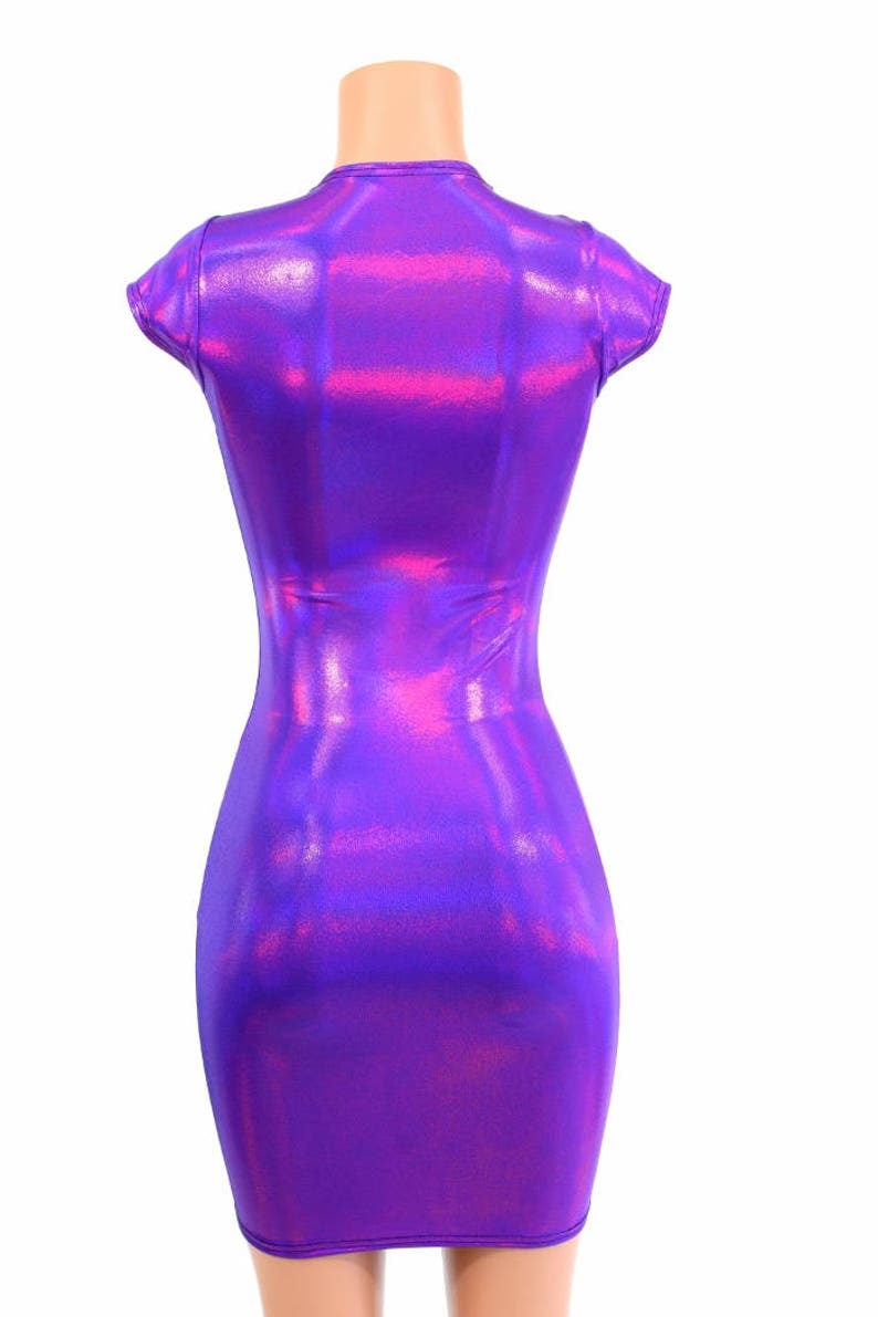 Holographic Grape Purple Metallic Bodycon Clubwear Dress with Cap Sleeves 150252 image 3