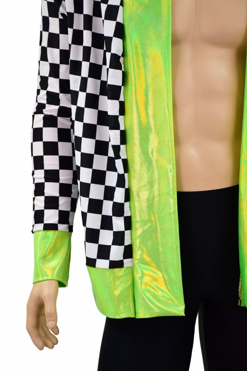 Men's Black & White Checkered Not a Cardigan with Pockets and Lime Holographic Trim and Cuffs 156885 image 7