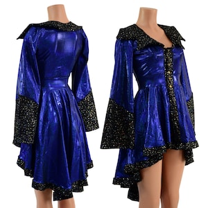 Blue Sparkly Jewel Pirate Coat with Star Noir Trim. Bell Sleeves and Showtime Collar.  Front Snaps from collar to waist. 158044