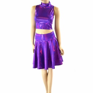 Grape Purple Holographic Sleeveless Turtle Neck Crop Top & 19" Skater Skirt Set - 151603