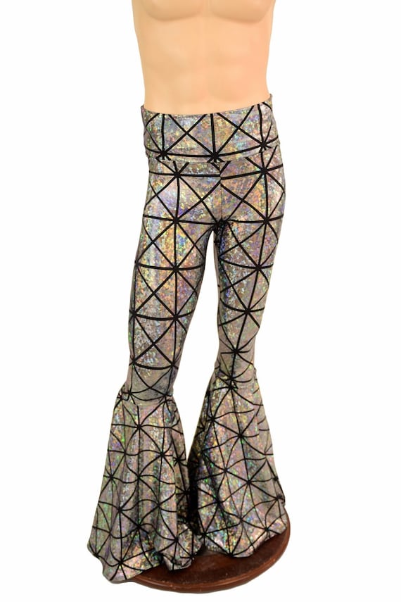 Mens Bell Bottom Flared Leggings in Silver on Black Cracked Tile