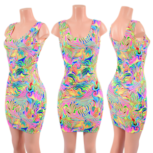 May include: A sleeveless mini dress featuring a vibrant, multi-colored psychedelic swirl pattern in neon pink, bright blue, lime green, and yellow. The dress has a scoop neckline and a form-fitting silhouette, displayed from three different angles.