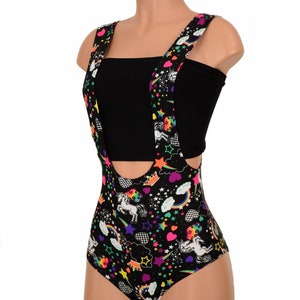 Unicorns and Rainbows UV GLOW Suspender Siren Cut Romper  - 155527