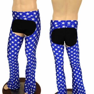 May include: Blue and white star patterned pants with a cut-out in the back. The pants are flared at the bottom.