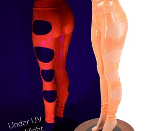 High Waist Quad Cutout Leggings  in Neon Orange Sparkly Jewel