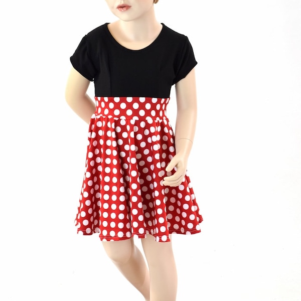 Toddlers and Girls Size 2T 3T 4T and 5-12 Red & White Minnie Polka Dot Cap Sleeve Skater Dress with Black Bodice 152312