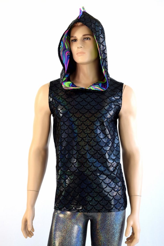 Mens Sleeveless Holographic Black Dragon Print Hoodie W glow Worm Spikes Hood Liner Rave Festival Clubwear EDM Party Animal 154270 Etsy