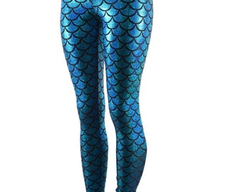 Turquoise Holographic Dragon Scale High Waist Mermaid Leggings -E7896