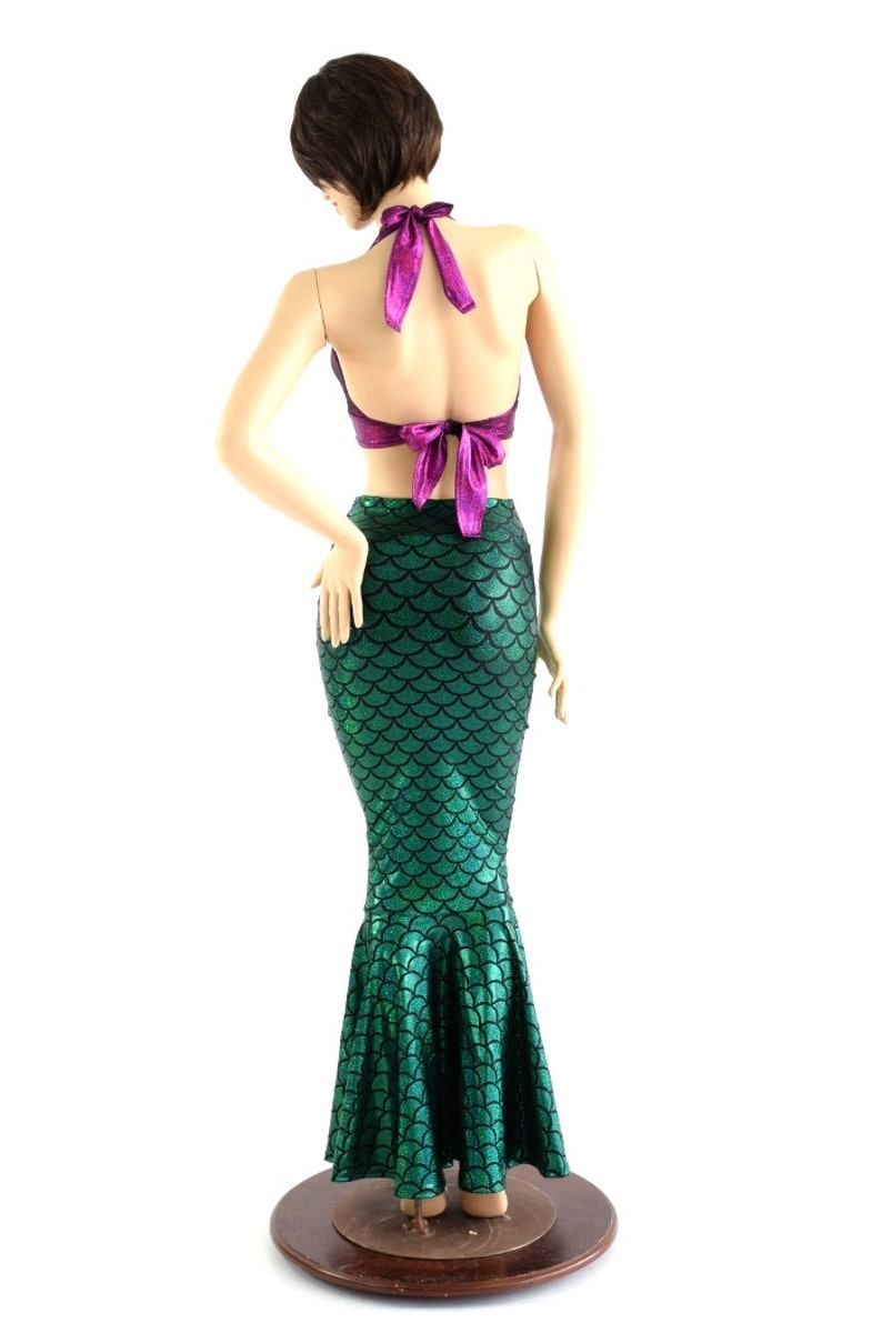 2PC Mermaid Skirt & Tie Back Halter Set in Emerald Green and Fuchsia Sparkly Jewel Ariel Little Mermaid Costume 152881 image 3