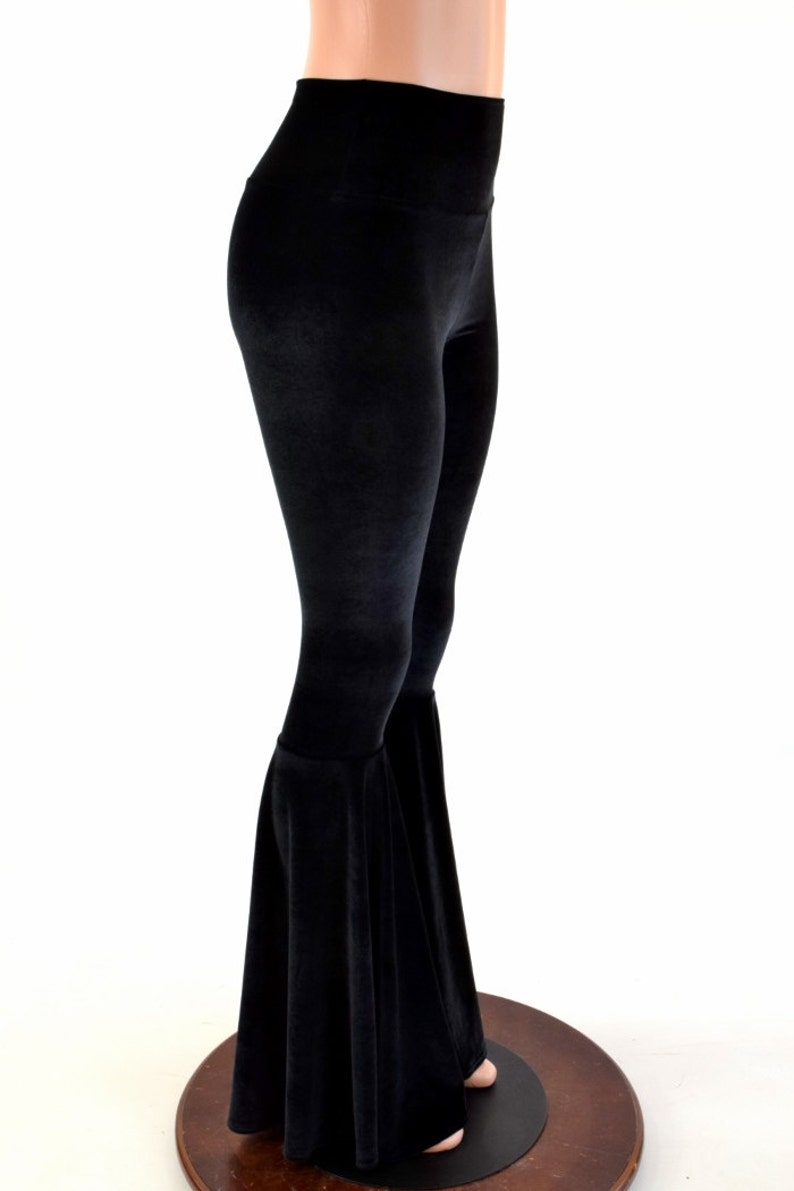 Black Velvet Bell Bottom Flares Leggings with High Waist /& Stretchy Spandex Fit 154122