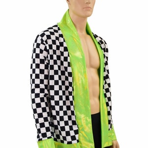 Men's Black & White Checkered Not a Cardigan with Pockets and Lime Holographic Trim and Cuffs 156885 image 2