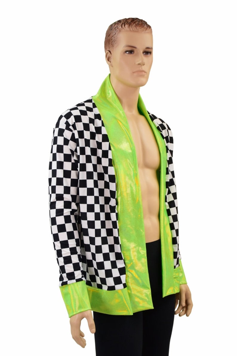 Men's Black & White Checkered Not a Cardigan with Pockets and Lime Holographic Trim and Cuffs 156885 image 2