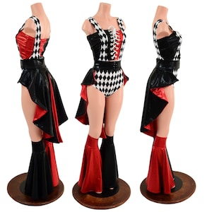 5PC Harlequin Diamond, Red and Black, Tube Top, Suspender Romper, Tux Back Belt, and Leg Bell Flares Set EMK85954