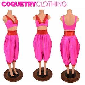 May include: A pink and red two-piece outfit with a halter top and harem pants. The top has a red trim and the pants have a red waistband.