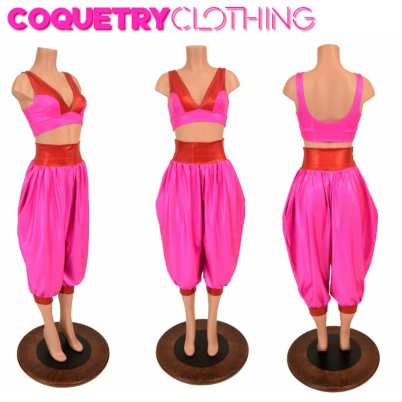 May include: A pink and red two-piece outfit with a halter top and harem pants. The top has a red trim and the pants have a red waistband.