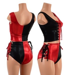 Harlequin Red and Black Lace Up Crop Tank and Lace Up Siren Shorts Set in Red Sparkly Jewel and Black Mystique EMK157694