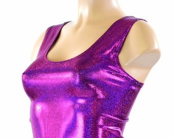 May include: A sleeveless, cropped tank top in a vibrant purple iridescent fabric. The fabric has a subtle sparkle and a smooth, shiny finish.