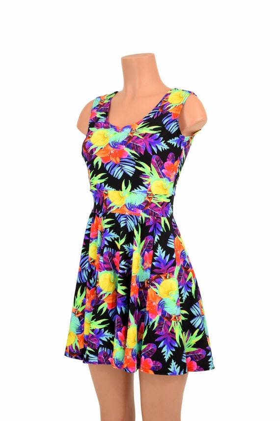 Retro Hawaii Blooms Sleeveless Dress XS-3XL Skater Stretch Flare Dress