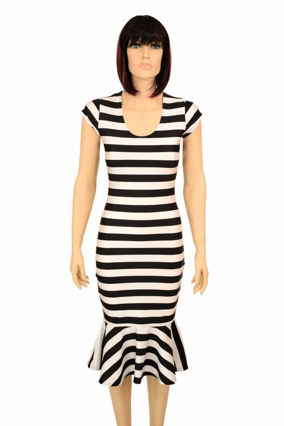 Black & White Horizontal Stripe UV GLOW Ruffled Cap Sleeve Wiggle