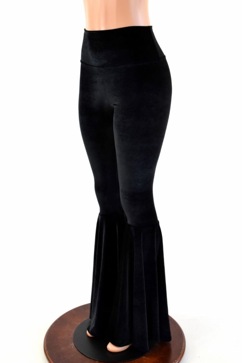 Black Velvet Bell Bottom Flares Leggings with High Waist /& Stretchy Spandex Fit 154122