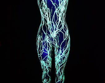Neon UV Glow Green Lightning Print Sleeveless Spandex High Back Catsuit with Scoop Neckline