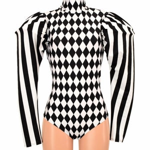 Black and White Diamond Print High Turtle Neck Back Zipper Siren Cut Romper with Black and White Stripe Puffed Victoria Sleeves 155271 image 2