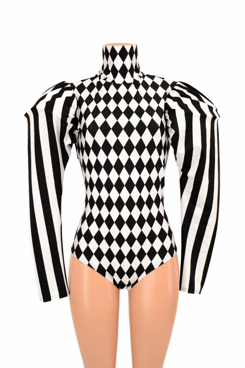 Black and White Diamond Print High Turtle Neck Back Zipper Siren Cut Romper with Black and White Stripe Puffed Victoria Sleeves 155271 image 2