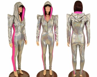 Silver Holographic Sharp Shoulder Long Sleeve Zipper Front Hooded Catsuit with Pink Sparkly Jewel Side Panels and Hood Liner - 156411