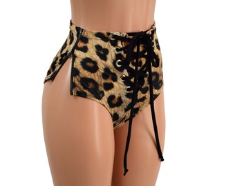 Leopard Print Burlesque Siren Shorts with Full Separating Zippers on BOTH hips, and a black lace up front 157852