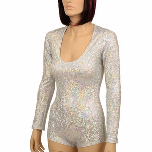 Silver on White Shattered Glass Long Sleeve Scoop Neck Romper (No Hood) Rave Festival - 155610