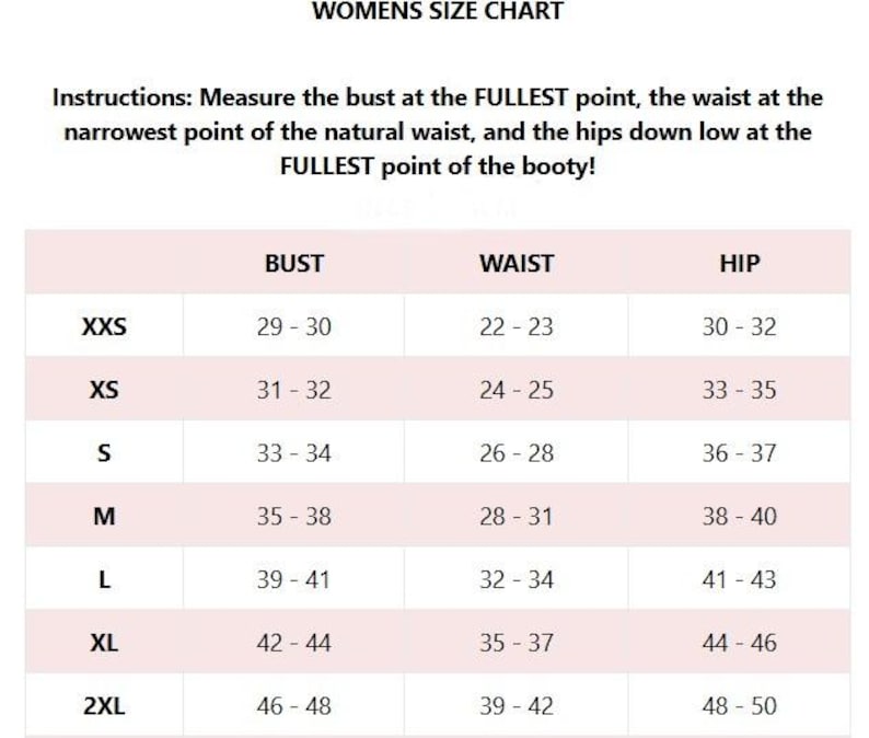 K&ouml;nnte beinhalten: Eine Gr&ouml;&szlig;entabelle f&uuml;r Damenbekleidung mit Ma&szlig;en in Zoll f&uuml;r Brust, Taille und H&uuml;fte. Die Tabelle umfasst die Gr&ouml;&szlig;en XXS, XS, S, M, L, XL und 2XL.
