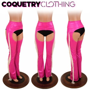 High Waist Bootcut Chaps in UV Neon Pink Sparkly Jewel Holographic with White Fringe - 156779