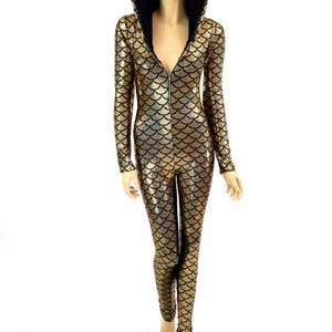 Gold Dragon Scale Holographic Long Sleeve Hooded Zipper Catsuit w/Black Zen Hood Liner Bodysuit - 150826