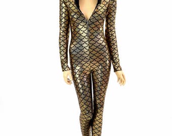 Gold Dragon Scale Holographic Long Sleeve Hooded Zipper Catsuit w/Black Zen Hood Liner Bodysuit - 150826
