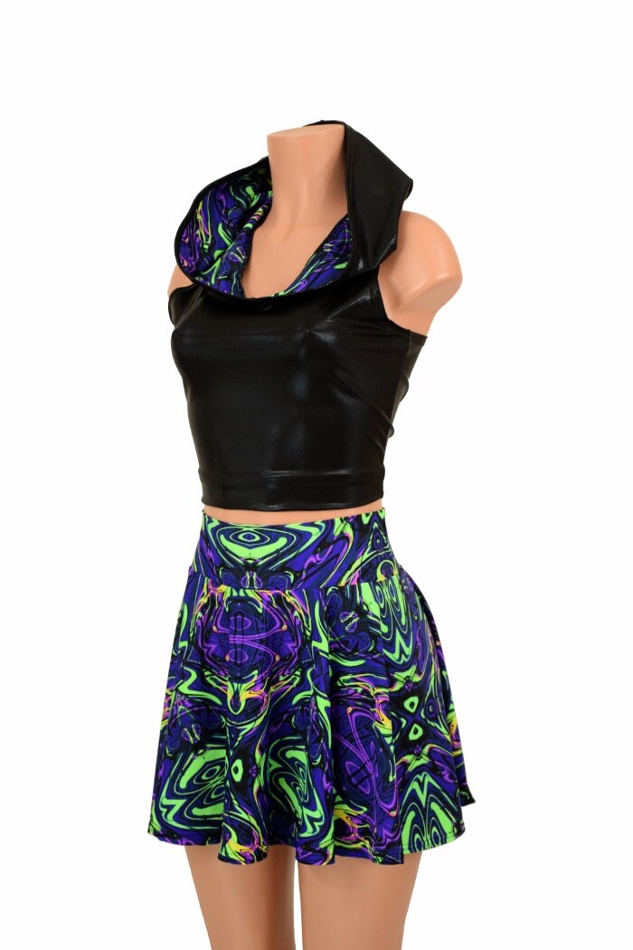 2Pc Black Mystique Sleeveless Racerback Hooded Crop Top W/Neon Melt Hood Liner & Neon 15" Mini Rave Skirt Set - 155766
