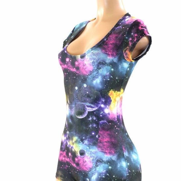 UV Glow Galaxy Print Cap Sleeve Romper with Scoop Neckline and Boy Cut Leg 151654