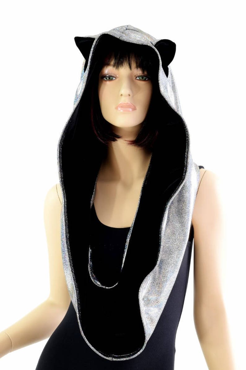 Reversible Silver Holographic Festival Hood with Black Velvet Hood Lining and Cat Ears Infinity Rave Hood 154418 image 1