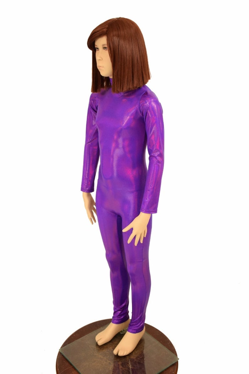 Kids Grape Purple Holographic Turtleneck Long Sleeve Back Zipper Catsuit Shimmery Metallic Sizes 2T 3T 4T and 5-12 155973