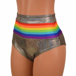 Retro Rainbow Striped High Waist Siren Shorts in Silver Holographic  156719