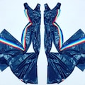 Black Holographic Bell Bottom Tank Catsuit with Retro Rainbow Side Panels