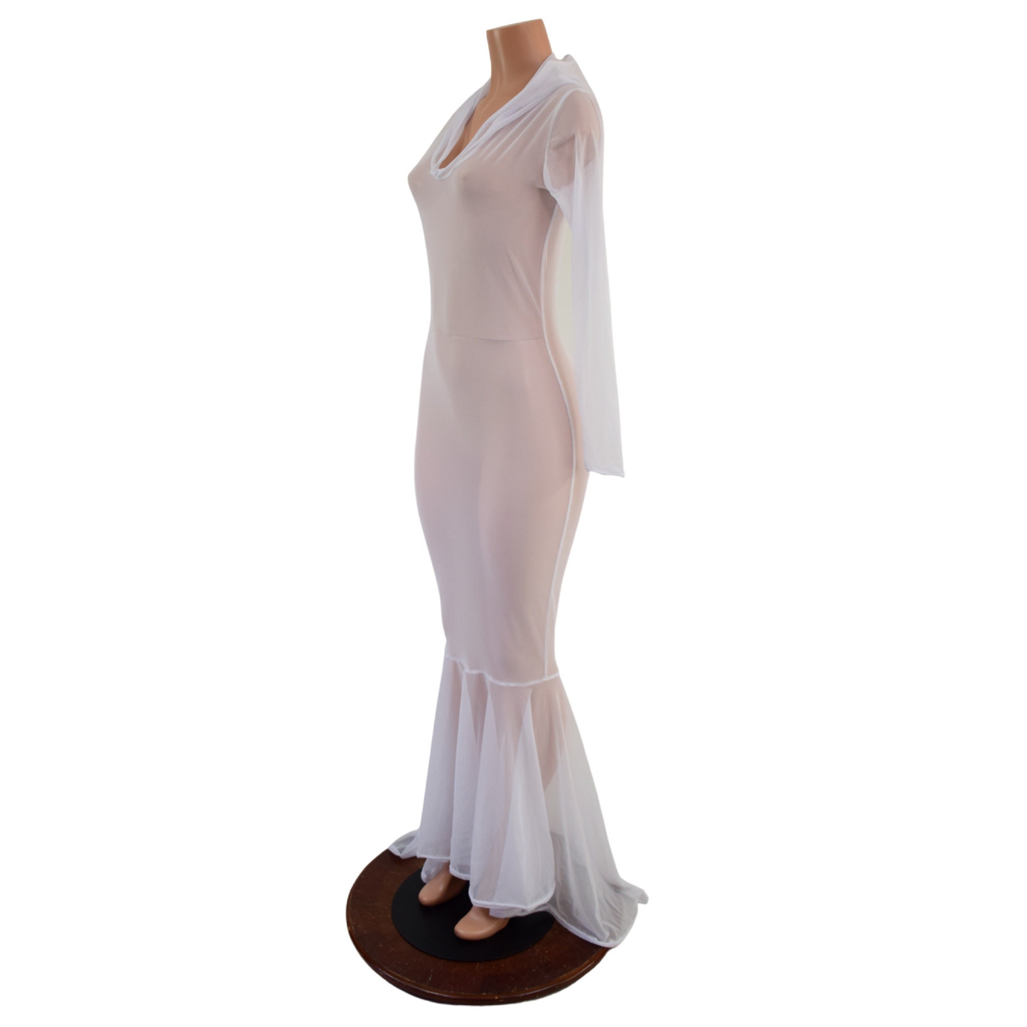 Sheer White Mesh See Through Hooded Gown With Long Sleeves Sheer White Mesh See Through Hooded Gown With Long Sleeves