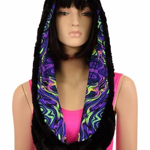 Reversible Festival Hood in Black Minky & UV GLOW Neon Melt (Infinity Style) - 156735