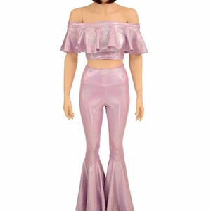 Lilac Holographic Off Shoulder Crop Top with High Waist Bell Bottom Flares 2PC Set Frills Frilly Ravewear Festival - 156234